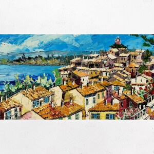 Peinture sur toile du lac de Bolsena, Marta, décoration d&#39;art mural, idée cadeau. Huile sur toile, couteau à palette/spatule. 60 x 160 cm (23 x 62 po.)