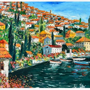 Como lake painting on canvas, Personalized gift, wall decorations. Oil on canvas, palette knife/spatula. 70x70cm (27"x27")