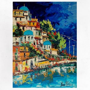 Santorini, Griekenland, schilderen op canvas, kunst aan de muur decor, cadeau idee. Olieverf op doek, paletmes/spatel. 70x50cm (27 &quot;x19&quot;)