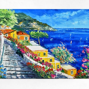 Positano painting on canvas, Amalfi Coast, gift for woman, wall art decor. Oil on canvas, palette knife/spatula. 70X100cm (27&quot;X39&quot;)