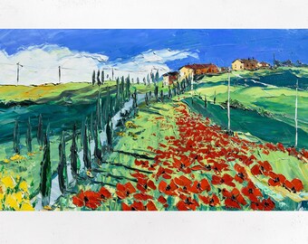 Tuscany oil painting on canvas, work of modern impressionist art of the Tuscan countryside, Italia. Palette knife. 50x100 cm (19"x39")
