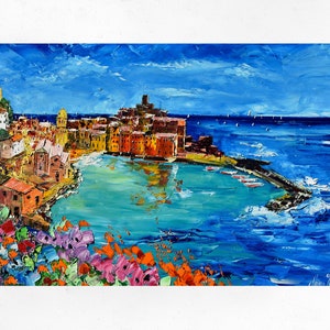 Vernazza painting on canvas, Cinque Terre, wall art decor, gift idea. Oil on canvas, palette knife/spatula. 60x100cm (23&quot;x39&quot;)