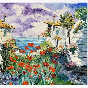 Positano painting on canvas, Amalfi Coast, , wall art decor, gift idea. Oil on canvas, palette knife/spatula. 70x70cm (27&quot;x27&quot;)