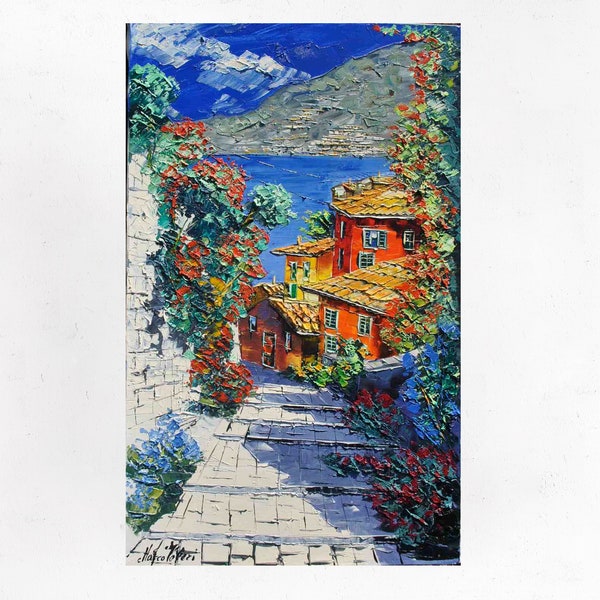 Portofino Malerei auf Leinwand, Ölgemälde, Geschenk, Marco Valeri. Öl auf Leinwand, Palette Messer/Spachtel. 100x50cm (39,3"x 19,6")