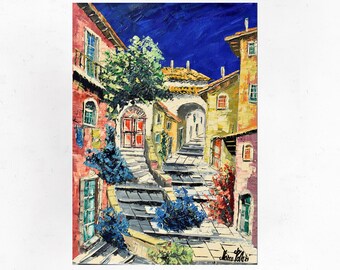 Tuscany oil painting on canvas, paesaggio urbano con texture, decorazione murale artistica, Italia. Palette knife/spatula. 70x50cm(27"x19")