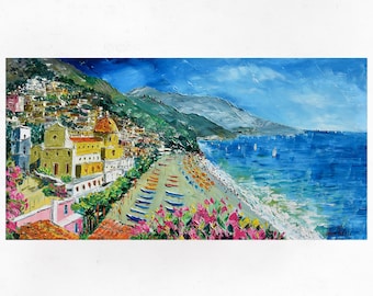 Positano oil painting on canvas,  work of modern impressionist art of the Amalfi Coast, Italia. Palette knife/spatula. 60x120cm (23"x47")