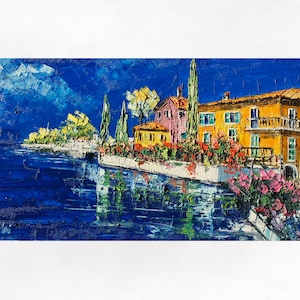 Bellagio Malerei auf Leinwand, Comer See, Kunst, Geschenkidee. Öl auf Leinwand, mit Spachtel und Spachtel. 50 x 100 cm