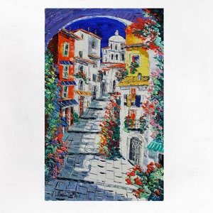 Procida painting on canvas, wall art decor gift idea. Oil on canvas, palette knife/spatula. 100x50cm (39.3&quot;x19.6&quot;)