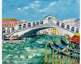 Peinture de Venise, pont du Rialto, peinture sur toile, idée cadeau, décor d’art mural. Huile sur toile, couteau à palette/spatule. 50x50cm (19"x19 »)