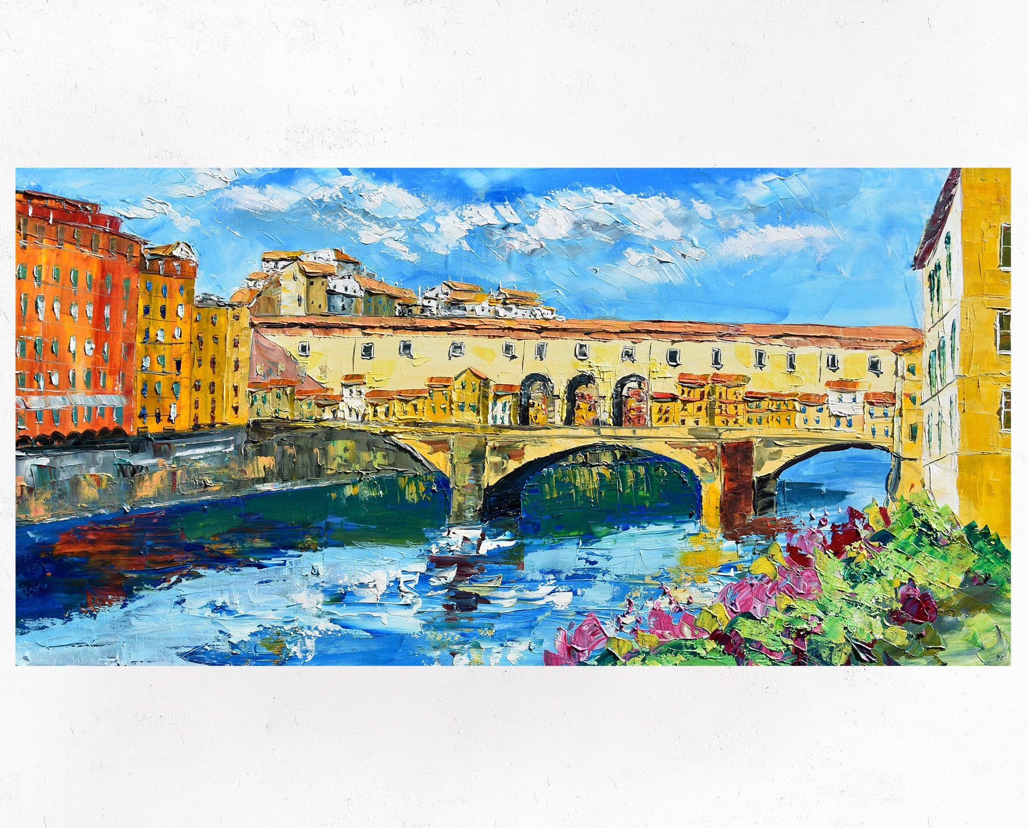 キャンバスに描かれたトスカーナの絵画、ヴェッキオ橋、壁の