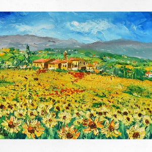 Tuscany painting on canvas, sunflower field, wall art decor, gift idea. Oil on canvas, palette knife/spatula. 60X80 cm (23.6"x31.4")