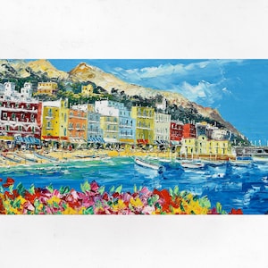 Capri painting on canvas, Marina Grande, wall art decor, gift idea. Oil on canvas, palette knife/spatula. 60x120cm (23"x47")