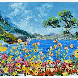 Beach on the ocean painting on canvas, wall art decor, gift idea. Oil on canvas, palette knife/spatula. 80X100cm (31&quot;x39&quot;)