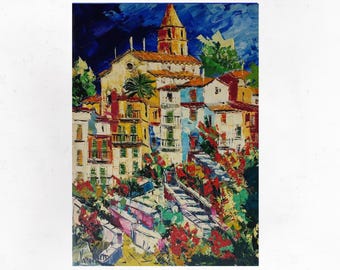 Portovenere oil painting on canvas, paesaggio marino della Liguria con texture, decorazione murale. Palette knife/spatula.70x50cm(27"x19")