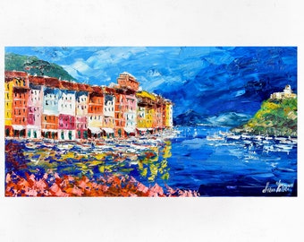 Portofino oil painting on canvas, original work of modern impressionist art of the Liguria,Italia. Palette knife/spatula. 50x100cm (19"x39")