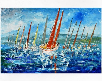 Sailing regatta painting on canvas, sailboats painting, art decor, gift for woman. Oil on canvas, palette knife/spatula. 60x90cm (23"x35")
