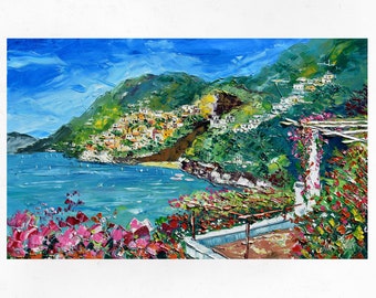 Pintura al óleo sobre lienzo de la costa de Amalfi, paesaggio marino italiano della Costiera Amalfitana, Italia. Espátula/espátula. 60 x 90 cm (23"x35")