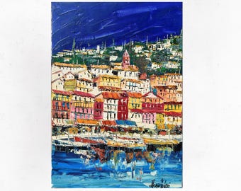 Portovenere oil painting on canvas,  paesaggio marino della Liguria, con texture, decorazione murale. Palette knife/spatula.70x50cm(27"x19")