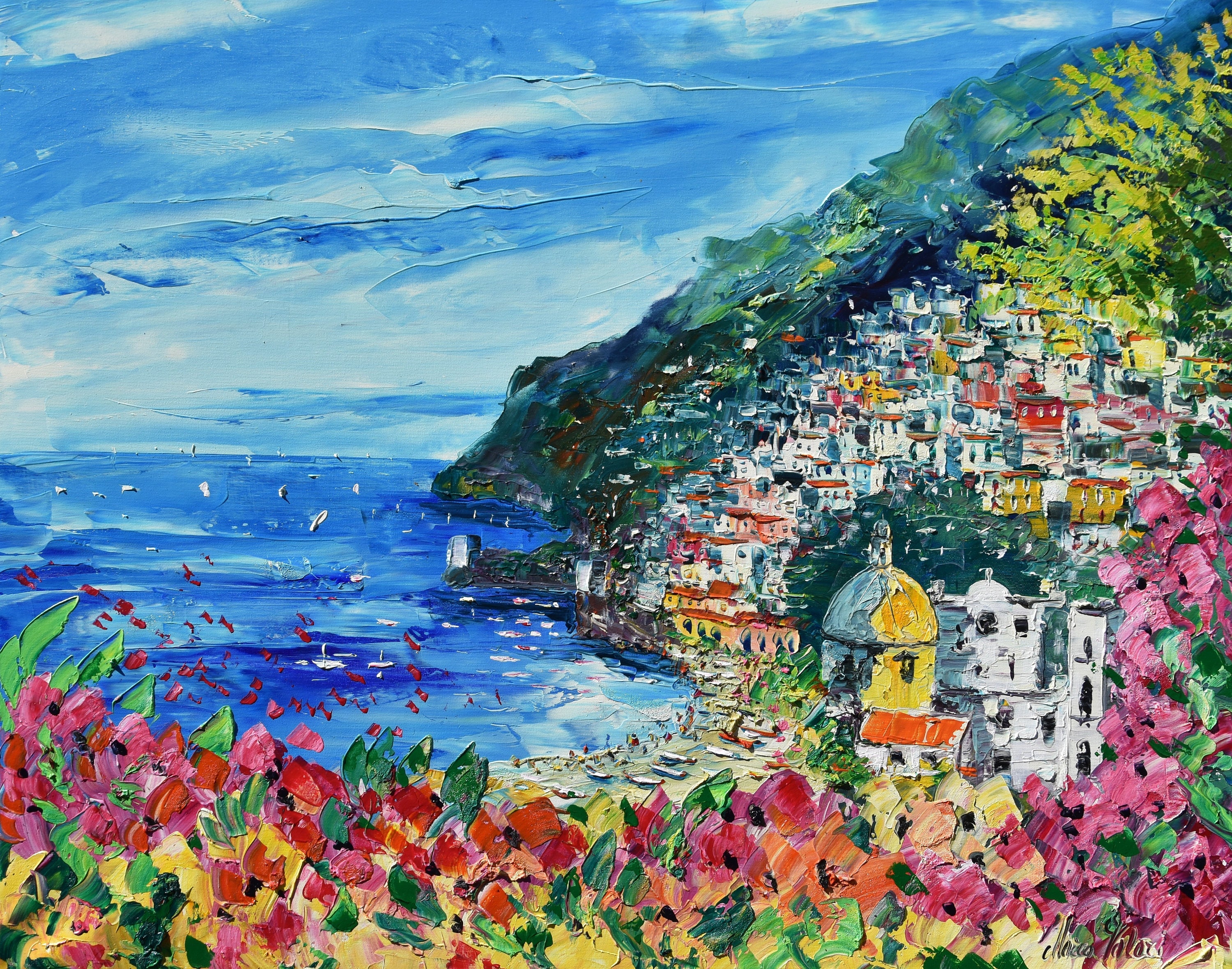 アルマフィ海岸の街並み 風景画 油彩画 キャンバスアート