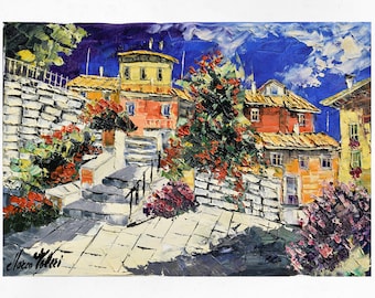 Toskana-Ölgemälde auf Leinwand, Werk der modernen impressionistischen Kunst der Stadtlandschaft, Italien. Spachtel/Palettmesser. 40x60 cm