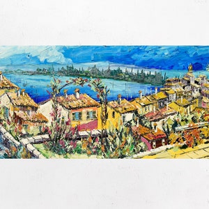 Peinture sur toile du lac de Bolsena, Marta, lac italien, décoration d&#39;art mural, idée cadeau. Huile sur toile, couteau à palette/spatule. 60 x 160 cm (23 x 62 po.)