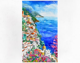 Positano oil painting on canvas, paesaggio costiero, arte impressionista della Costiera Amalfitana, Italia. Palette knife. 90x50cm (35"x19")