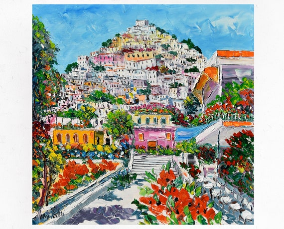 ポジターノを描いたキャンバスに描かれた油彩画。イタリア、アマルフィ