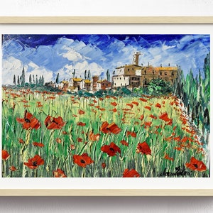 Tuscany painting, landscape with poppies,  painting on canvas, gift idea. Oil on canvas, palette knife/spatula.  40x50 cm (15&quot;x19&quot;)