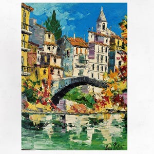 Como Lake painting on canvas, Corenno, wall art decor, gift idea. Oil on canvas, palette knife/spatula. 70x50cm (27&quot;x19&quot;)