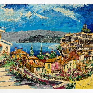 Peinture du lac de Bolsena sur toile, Cadeau personnalisé, décorations murales, cadeau . Huile sur toile, couteau à palette/spatule. 100x150cm (39&quot;x59&quot;)