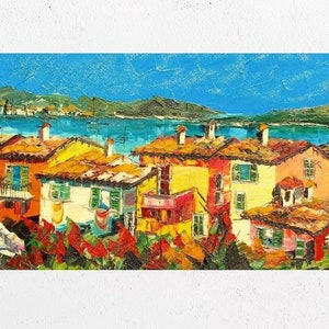 Peinture sur toile du lac de Bolsena, décoration d&#39;art mural, idée cadeau. Huile sur toile, couteau à palette/spatule. 50 x 100 cm (19 x 39 po.)