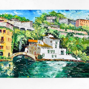 Nesso painting on canvas, Como lake, wall art decor, gift idea. Oil on canvas, palette knife/spatula. 60x90cm (23&quot;x35&quot;)