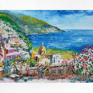 Positano painting on canvas, Amalfi Coast, art decor, gift for woman. Oil on canvas, palette knife/spatula. 60x90cm (23&quot;x35&quot;)