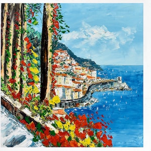 Amalfi painting on canvas, Amalfi Coast, wall art decor, gift for woman. Oil on canvas, palette knife/spatula. 60x60cm (23&quot;x23&quot;)
