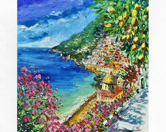 Positano oil painting on canvas, work of modern impressionist art of the Amalfi Coast, Italia. Palette knife/spatula. 100x100cm. (39"x39")