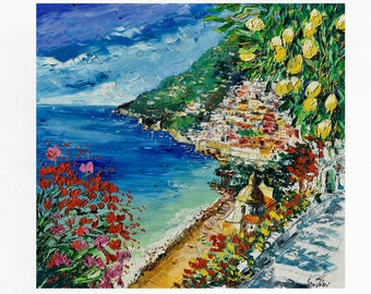 Positano painting on canvas, Amalfi Coast, Personalized gift, wall decorations. Oil on canvas, palette knife/spatula. 100x100cm. (39"x39")