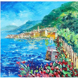 Bellagio-Gemälde auf Leinwand, Comer See, Geschenkidee, Wandkunst-Dekor. Öl auf Leinwand, Spachtel/Spachtel. 70x70cm (27&quot;x27&quot;)