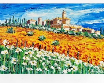 Tuscany oil painting on canvas, campo di fiori,  arte impressionista strutturata, Italia.  Palette knife/spatula. 50x70cm (19"x27")