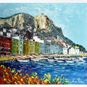 Capri painting on canvas, Marina Grande, wall art decor, gift for woman. Oil on canvas, palette knife/spatula. 60x60cm (23"x23")