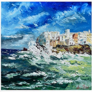 Polignano a Mare, painting on canvas, Puglia, wall art decor, gift for woman. Oil on canvas, palette knife/spatula. 70x70cm. (27&quot;x27&quot;)