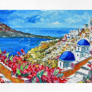 Santorini schilderij op canvas, Griekenland schilderij, kunst aan de muur decor, cadeau-idee. Olieverf op doek, paletmes/spatel. 60 x 80 cm (23,6&quot; x 31,4&quot;)