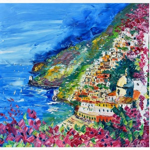 Positano painting on canvas, Amalfi coast, wall art decor, gift idea. Oil on canvas, palette knife/spatula. 80x80cm (31&quot;x31&quot;)