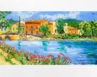 Como lake painting on canvas, Borghetto del Mincio, wall art decor. Oil on canvas, palette knife/spatula. 50x100cm (19"x39")