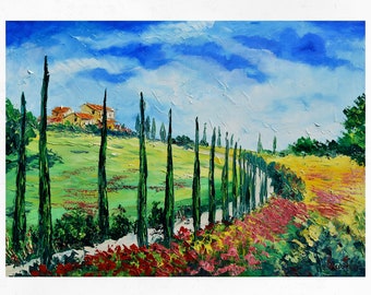 Tuscany painting on canvas, landscape with poppies, wall art decor, gift idea. Oil on canvas, palette knife/spatula. 70X100cm (27"X39")