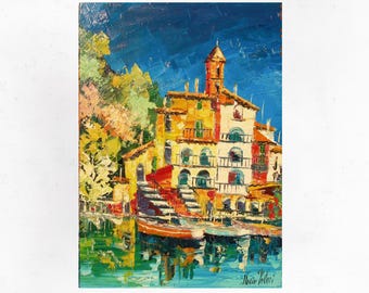 Pintura al óleo sobre lienzo de la costa de Amalfi, originale paesaggio marino italiano della Costiera Amalfitana. Espátula/espátula 70 x 50 cm (27"x19")