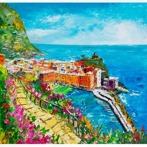 Vernazza painting on canvas, Cinque Terre, wall art decor, gift idea. Oil on canvas, palette knife/spatula. 80x80 cm (31&quot;x31&quot;)