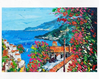 Pintura al óleo sobre lienzo de la costa de Amalfi, originale paesaggio marino italiano della Costiera Amalfitana. Espátula/espátula. 60 x 90 cm (23"x35")