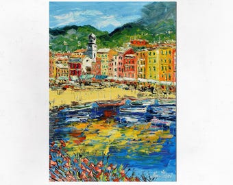 Portofino oil painting on canvas, originale paesaggio marino italiano della Liguria, Italia. Palette knife/spatula.70x50cm(27"x19")