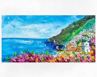 Positano oil painting on canvas, originale paesaggio marino italiano della Costiera Amalfitana, Italia. Palette knife. 40x80cm (15"X31")