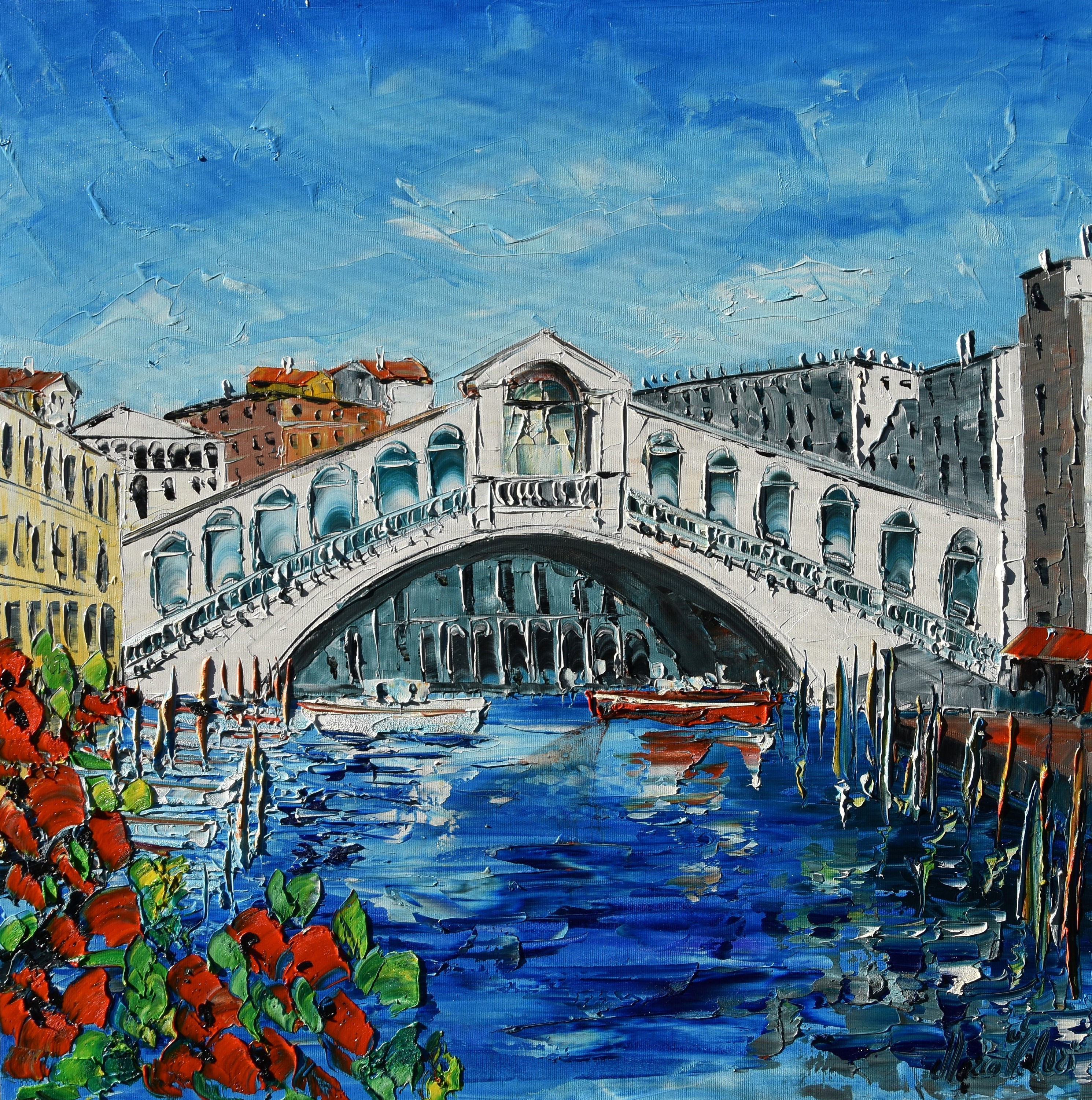 キャンバスに描かれたヴェネツィアの絵画、リアルト橋、壁の